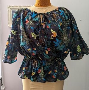 Floral Cotton Tropical Print Vintage Women's Blouse Shirt size Small